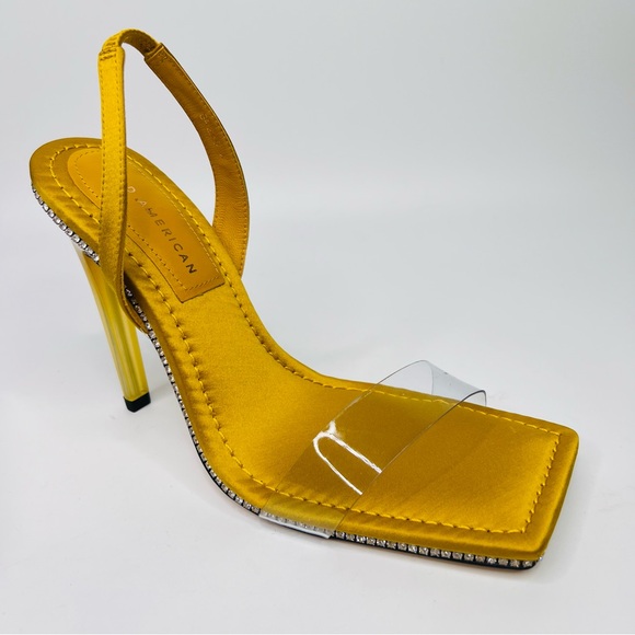 Good American Yellow Satin Lucite Slingback Square Toe Rhinestones Sandals Sz9 - Picture 16 of 16